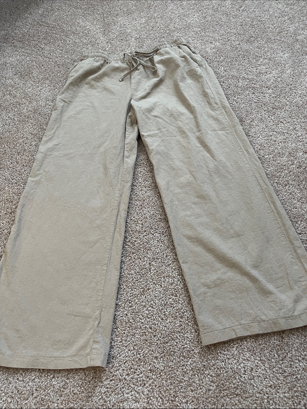 Beige Wide-Leg Drawstring Pants